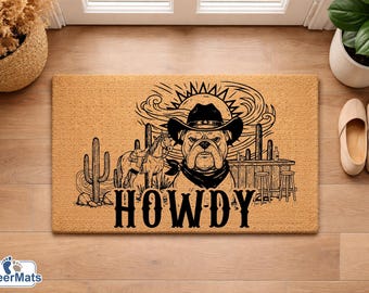 Howdy Bulldog Doormat, Funny Cowboy Dog Welcome Mat, Western Puppy Lover Gift, English Bulldog Door Mat, Outdoor Front Porch Entryway Decor