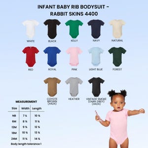 May include: A selection of infant baby rib bodysuits in colours such as white, black, and red. The image shows a range of sizes and measurements, with a baby wearing a pink bodysuit. The text reads "INFANT BABY RIB BODYSUIT - RABBIT SKINS 4400."