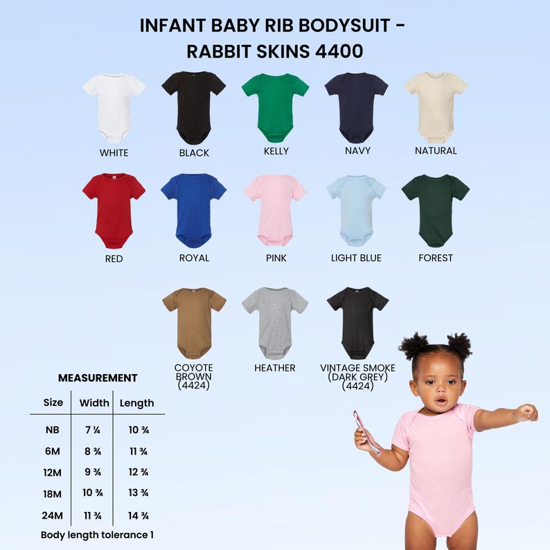 May include: A selection of infant baby rib bodysuits in colours such as white, black, and red. The image shows a range of sizes and measurements, with a baby wearing a pink bodysuit. The text reads "INFANT BABY RIB BODYSUIT - RABBIT SKINS 4400."