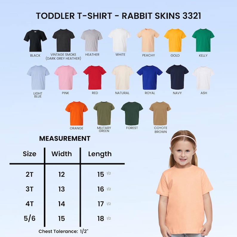 May include: A peach-coloured toddler t-shirt, size 5/6, with a width of 38 cm and a length of 47 cm. The image shows a range of t-shirt colours, including black, white, and navy.