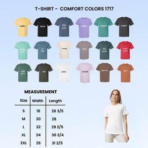 May include: A selection of Comfort Colors 1717 t-shirts in colours such as butter, black, blue jean, and violet. The image includes a size chart with measurements in inches, with widths from 18 to 26 inches and lengths from 26 3/5 to 31 3/5 inches.