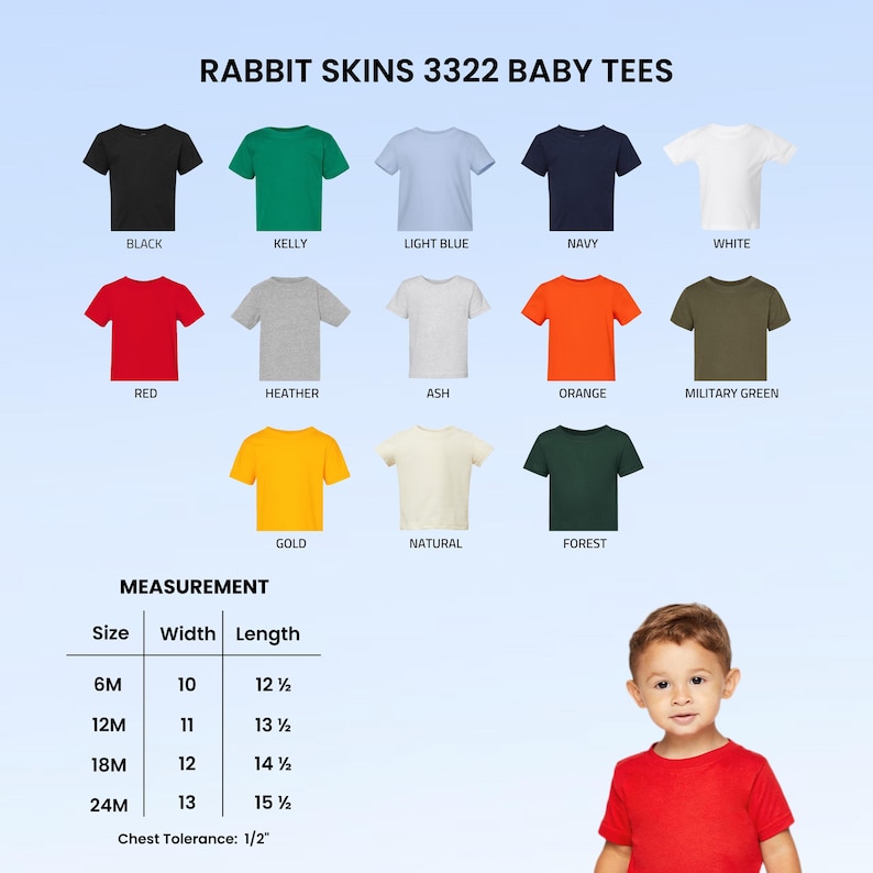 May include: A selection of Rabbit Skins 3322 baby tees in colours such as black, red, and navy. Measurements are provided for sizes 6M to 24M, with widths from 25.4 cm to 33 cm and lengths from 31.75 cm to 39.37 cm.