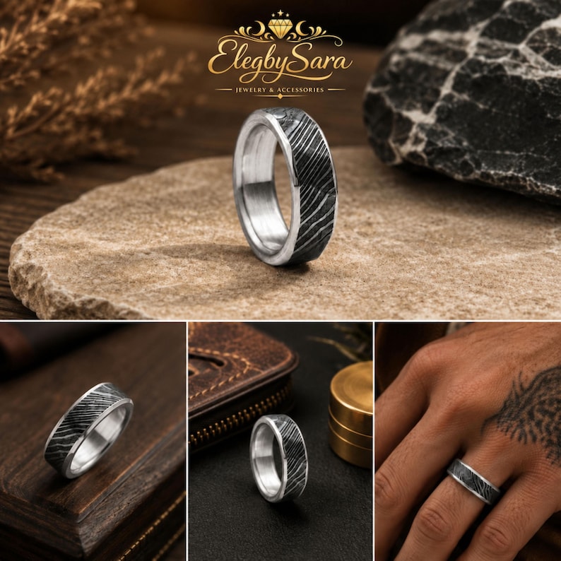 Shadowforge Damascus Stainless Steel Hammered Ring, Hand Forged Wedding Shadowforge Damascus Stainless Steel Hammered Ring, Hand Forged Wedding