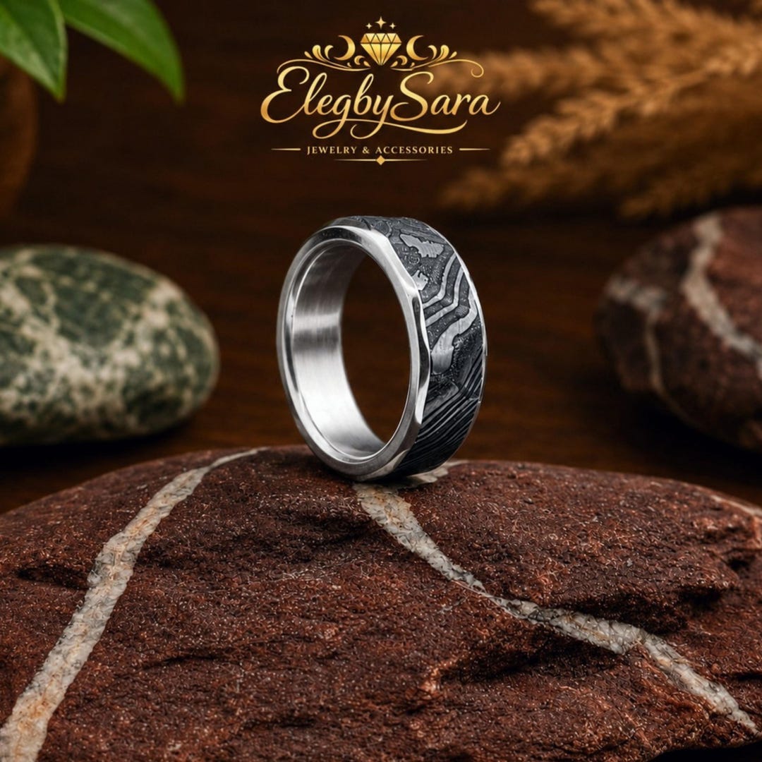 Shadowforge Damascus Stainless Steel Hammered Ring, Hand Forged Wedding Shadowforge Damascus Stainless Steel Hammered Ring, Hand Forged Wedding