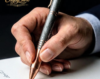 Handmade Copper Damascus Steel Bolt Action Pen – Luxury Gift with Wooden Box