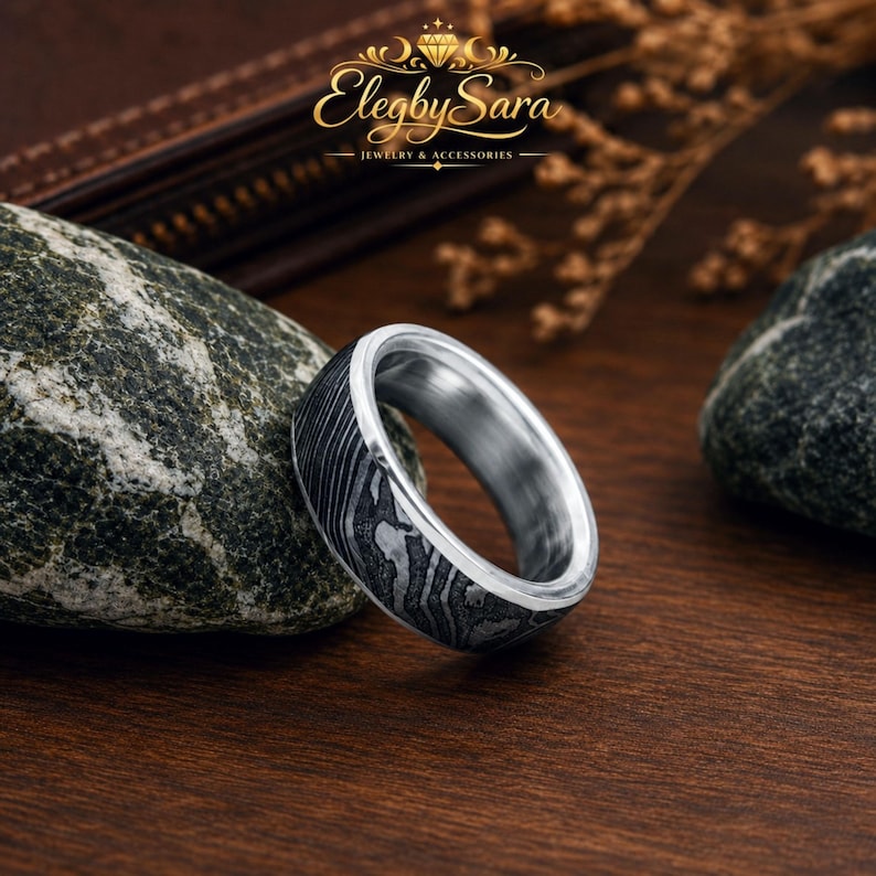 Shadowforge Damascus Stainless Steel Hammered Ring, Hand Forged Wedding Shadowforge Damascus Stainless Steel Hammered Ring, Hand Forged Wedding