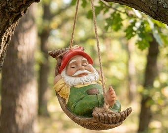 Sleeping Gnome Garden Statue,Whimsical Hammock Ornament,Yard Art Outdoor Decor,Fairy Garden Resin Gnome, Unique Gift for Garden Lovers