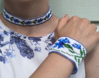 Floral Beaded Choker and Bracelet Set, Handmade Czech Seed Bead Jewelry, Adjustable Flower Necklace, Gift for Her, Blue Red Pink Yellow