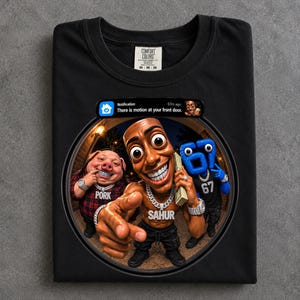 May include: A black t-shirt featuring a graphic print of a doorbell camera notification that reads There is motion at your front door. The graphic shows a pig, a person, and a blue number 67 character with chains and text reading PORK and SAHUR.