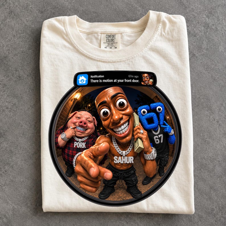 May include: A cream-colored t-shirt featuring a graphic of a doorbell camera notification that reads, "Notification 67m ago There is motion at your front door." The graphic shows a pig, a bald character labeled "SAHUR," and a blue "67" character.