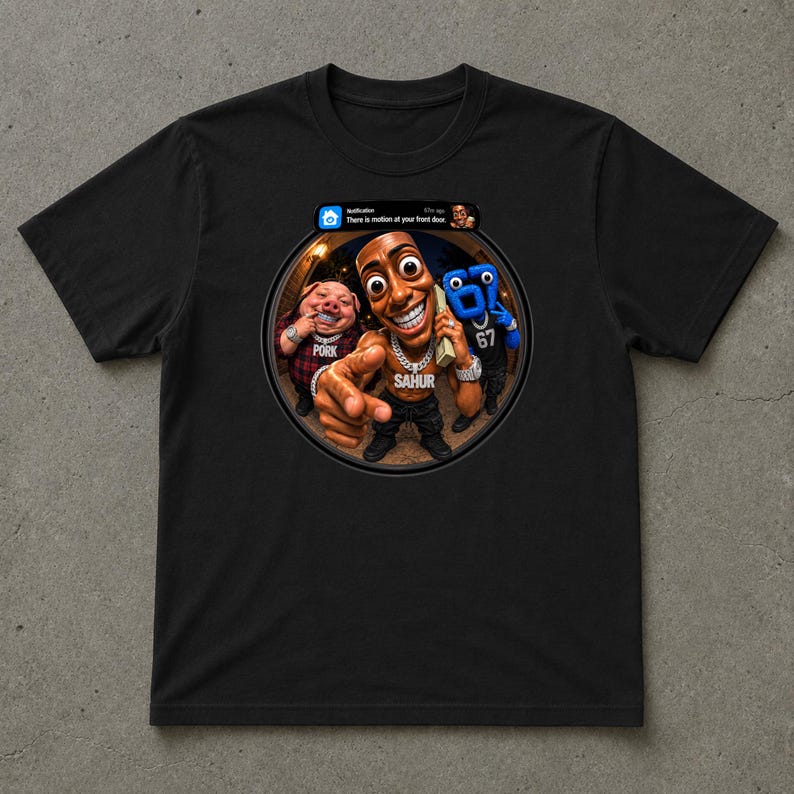 May include: A black short-sleeve t-shirt featuring a circular graphic print. The design shows a cartoon character labeled SAHUR, a pig labeled PORK, and a blue figure labeled 67, with a notification bar at the top reading There is motion at your front door.