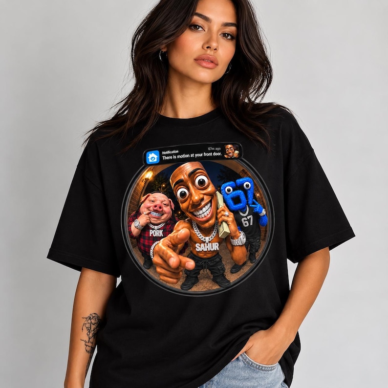 May include: A black t-shirt featuring a circular graphic of three cartoon characters: a pig in a red plaid shirt, a central figure with a gold chain labeled SAHUR, and a blue number 67 character. Above them is a notification bar reading There is motion at your front door.