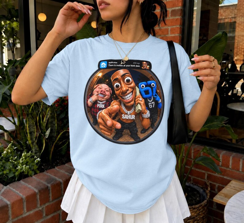 May include: A light blue t-shirt featuring a circular graphic print of a cartoon character with a large head, a pig in a red plaid shirt, and a blue number 67 character. The graphic includes a notification bar with the text "There is motion at your front door."