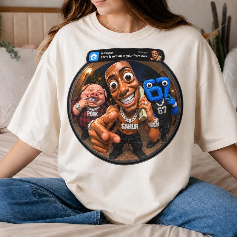 May include: A cream-colored t-shirt featuring a circular graphic of a doorbell notification. The image shows a pig in a red plaid shirt, a brown-skinned character with a wide grin wearing a chain labeled SAHUR, and a blue number 67 character.