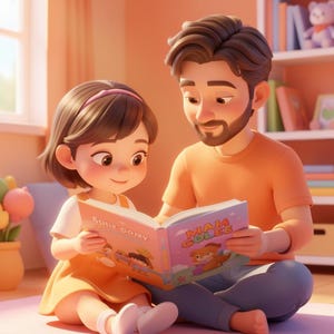 May include: A cartoon illustration of a father and child reading a book together. The child wears an orange dress and the father wears an orange shirt. The book has the words "Sour Pony" and "Mam Coles" on the cover.