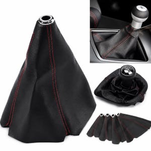 Universal Manual Gear Shift Boot Cover Black Leather with Red Stitching | Replacement Gear Stick Gaiter for Car Interior Upgrade
