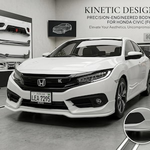 Könnte beinhalten: Ein weißer Honda Civic mit einem Karosserie-Kit, präsentiert in einer Garage. Das Auto hat schwarze Felgen und ein Nummernschild mit der Aufschrift LEA 7295. Das Bild zeigt auch Karosserie-Kit-Komponenten und den Text "KINETIC DESIGNS".