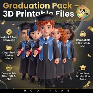 Puede incluir: Gráfico digital que muestra a un grupo de estudiantes con atuendos de graduación. Los estudiantes visten túnicas negras con estolas azules y birretes, sosteniendo diplomas. El texto incluye "Graduation Pack - 3D Printable Files" y "Full Color".