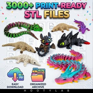 Puede incluir: Imagen que muestra una colección de modelos de dragones impresos en 3D y archivos STL. La imagen presenta varios diseños de dragones, incluyendo criaturas articuladas y de fantasía, con el texto "3000+ PRINT-READY STL FILES" y "EASY DOWNLOAD".