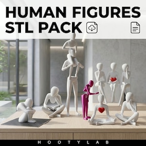 Puede incluir: Colección de esculturas de figuras humanas estilizadas en varias poses, incluyendo figuras con corazones, leyendo y equilibrándose. Las figuras son principalmente blancas, con una figura magenta. El texto "HUMAN FIGURES STL PACK" está en la parte superior.