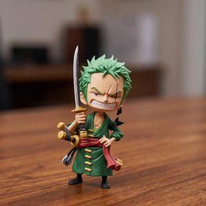 Puede incluir: Figura de un personaje con pelo verde, una cicatriz sobre un ojo y una expresión decidida. La figura viste un atuendo verde con una faja roja y sostiene una espada. Dos espadas adicionales están unidas a la cintura.