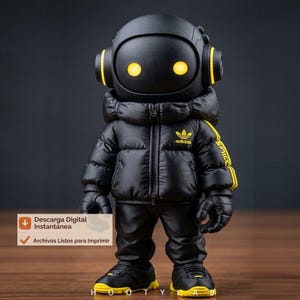Könnte beinhalten: Eine schwarze Roboter-Astronauten-Figur, die eine schwarze Steppjacke mit gelben Streifen und dem Adidas-Logo trägt. Der Roboter hat einen Helm mit gelben Akzenten und leuchtenden gelben Augen. Die Figur steht auf einer Holzoberfläche.