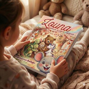 May include: A child is reading a colorful children's book titled "Laura sauve la Saint Valentin!" The cover features a cartoon illustration of various animals, including a bear, rabbit, turtle, and unicorn, gathered together. The author's name, Cynthia Barbosa, is also visible.
