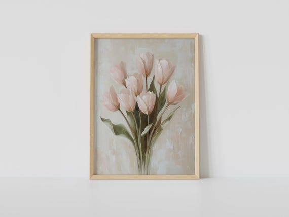 Blush Pink Tulips Wall Art Printable, Soft Floral Oil Painting