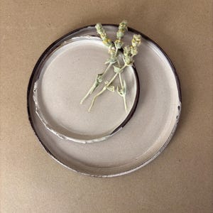 Pode incluir: Dois pratos redondos de cerâmica com uma superfície lisa bege clara e bordas escuras irregulares. O prato menor repousa parcialmente sobre o maior. Três caules de flores secas verde-pálido com pequenos botões amarelos sobre os pratos.