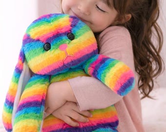 Easter Rainbow Bunny Plush 35cm – Colorful Striped Rabbit Stuffed Animal, Soft Easter Basket Gift for Kids