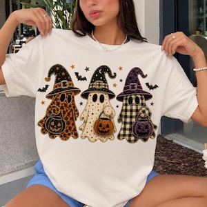 Coquette Leopard Ghost Halloween PNG, Checkered Ghost PNG, Cute Witch Hat Ghosts Pumpkin png, Girly Spooky Season png, Patchwork Halloween
