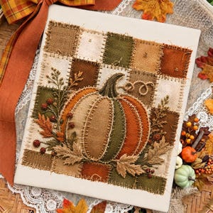 May include: A square fabric wall hanging featuring a patchwork background of tan, olive green, and brown squares. A central fabric pumpkin in shades of orange, tan, and green is decorated with embroidered leaves, berries, and a curled vine.