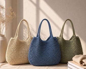 Borsa tote grande in paglia intrecciata / Borsa a mano boho da spiaggia e borsa a tracolla estiva