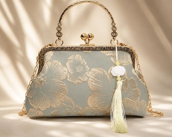 Vintage Floral bestickte Seidenhandtasche - Elegante quadratische Umhängetasche für Hochzeiten & Abendveranstaltungen