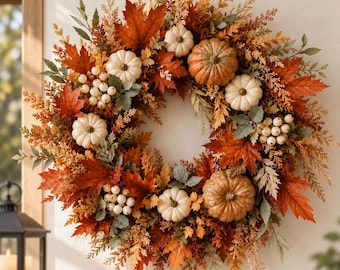 Herbstkranz für die Haustür, Kürbis-Herbstkranz, Ahornblatt-Erntedekoration für Thanksgiving