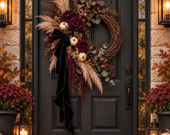 Luxury Gothic Halloween Wreath, Burgundy Rose Front Door Wreath, Black Velvet Bow Decor, Modern Halloween Porch Decor