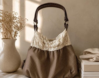 Borsa a tracolla in pizzo stile cottagecore fatta a mano, borsa tote vintage a pois, borsetta Mori Girl, borsa boho romantica, grazioso regalo per tutti i giorni per le donne
