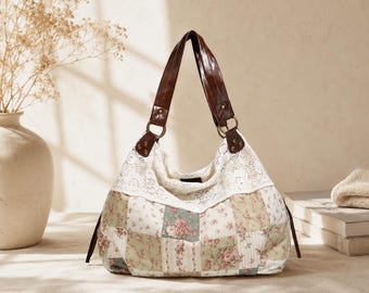 Borsa tote vintage con patchwork floreale, borsa a mano in pizzo stile cottagecore, borsa a tracolla boho per tutti i giorni, regalo artigianale fatto a mano per donna