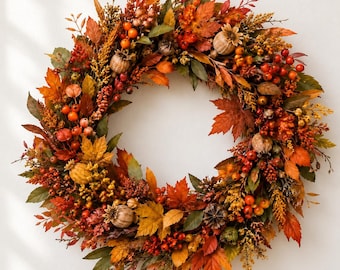 Erntekranz für den Herbst, rustikale Türdekoration mit Beeren und Kürbis, Wandbehang für Thanksgiving, herbstliches Einzugsgeschenk für sie