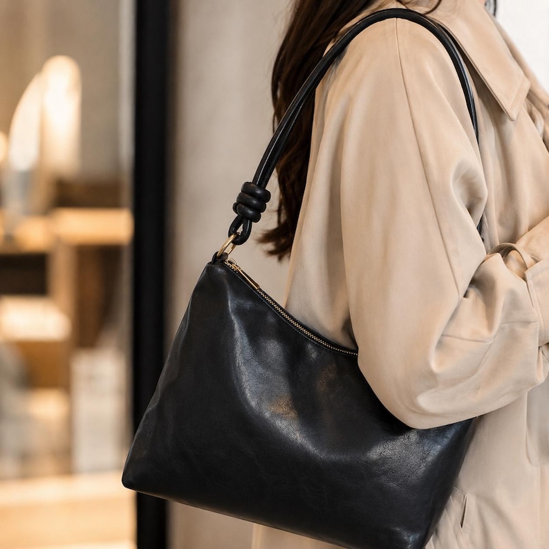 Pu&ograve; includere: Borsa a tracolla in pelle nera con cerniera dorata e dettaglio manico annodato. La borsa ha un design elegante e minimalista e un aspetto morbido e strutturato. La borsa &egrave; di medie dimensioni.