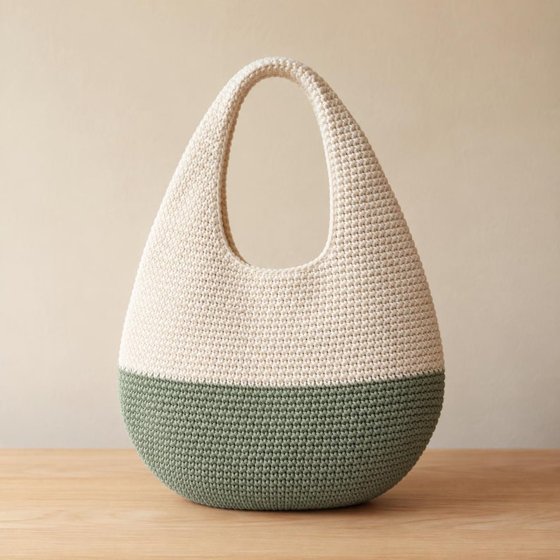 May include: A teardrop-shaped handbag crafted from crocheted yarn, featuring a two-tone color scheme with a cream-colored upper section and a sage green lower section. The bag has a single integrated handle at the top and a textured surface.