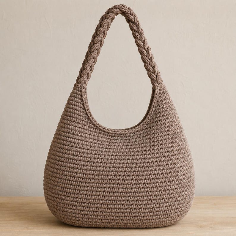 May include: A taupe-colored hobo bag crafted from a dense, uniform crochet stitch. The bag features a rounded, teardrop-shaped body and a single, thick handle with a prominent braided texture that seamlessly integrates into the top of the bag.