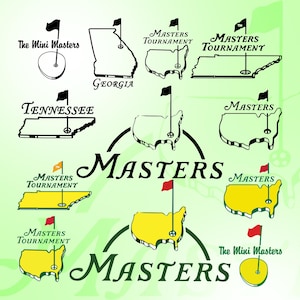 May include: A collection of golf-themed logos and illustrations. The designs feature state outlines, golf flags, and the text "Masters Tournament" and "The Mini Masters." The color palette includes green, yellow, black, and red.