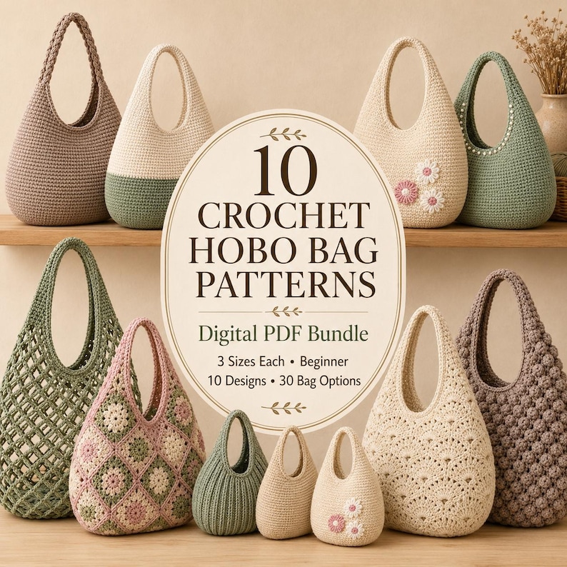 May include: A digital PDF bundle of 10 crochet hobo bag patterns featuring 3 sizes each, 10 designs, and 30 bag options. The image displays various crocheted hobo bags in colors including beige, sage green, pink, and brown with diverse textures.