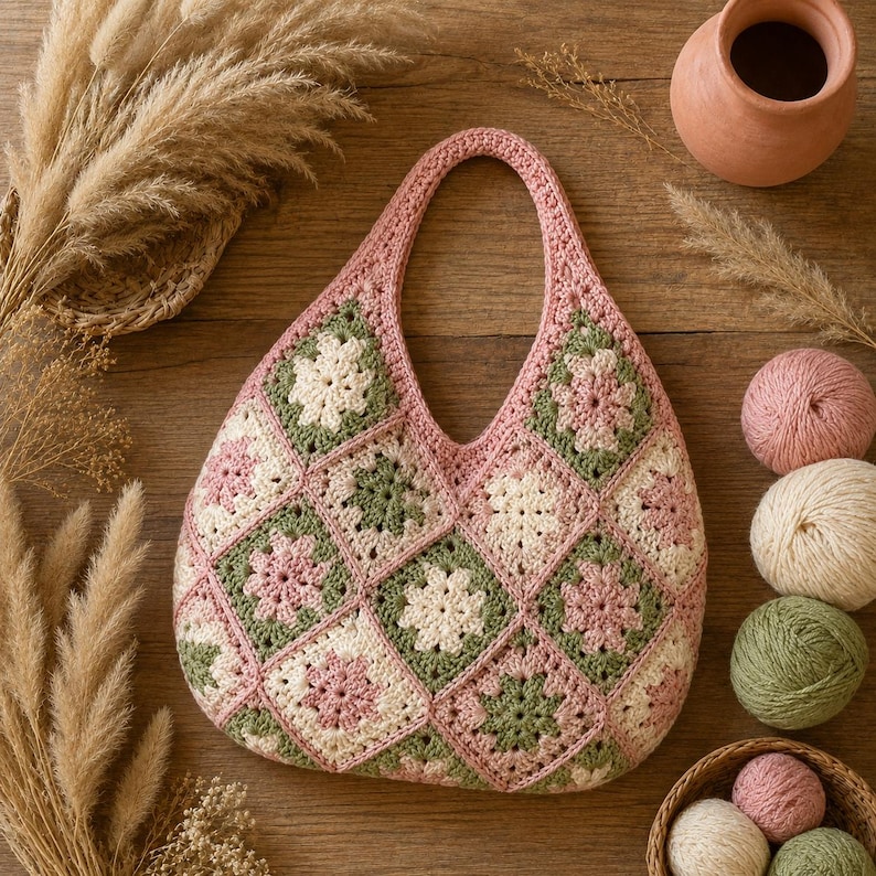 May include: A crochet handbag constructed from multiple square motifs featuring a floral pattern in shades of dusty pink, sage green, and cream. The bag has a single integrated handle and a rounded shape, showcasing intricate yarn work and texture.