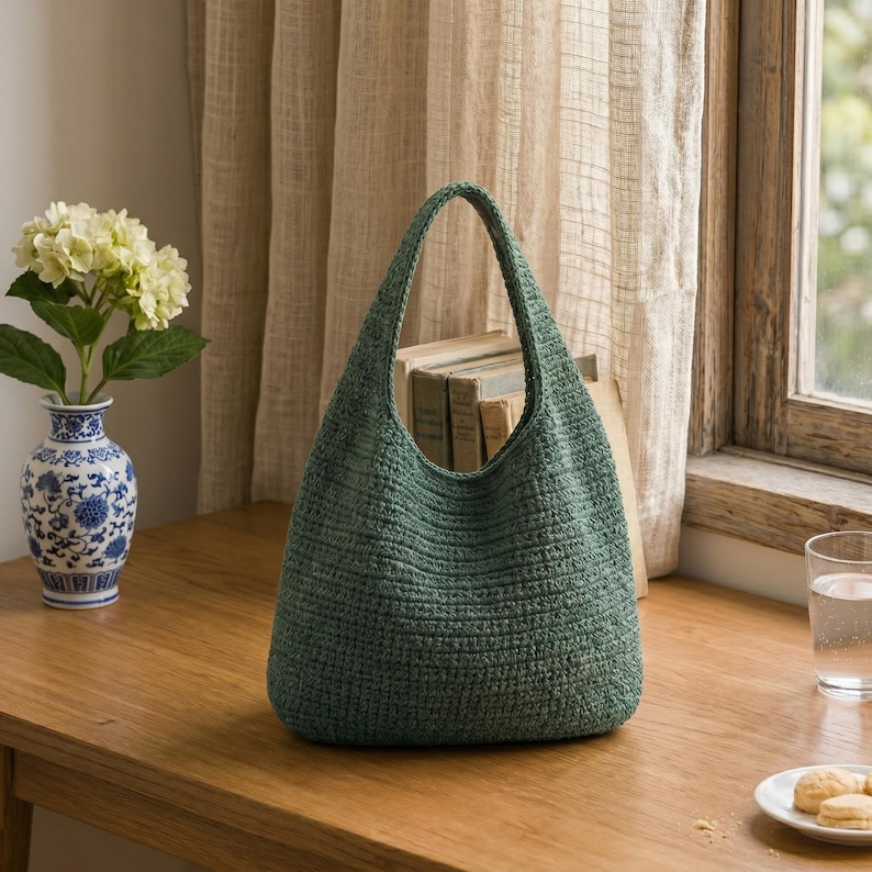May include: A sage green hobo-style handbag crafted with a textured, woven knit pattern. The bag features a single integrated handle and a spacious, rounded silhouette, showcasing a consistent, dense stitch throughout its entire exterior surface.