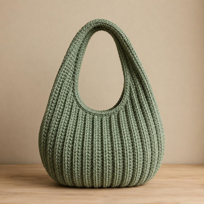 May include: A sage green crochet handbag featuring a rounded, hobo-style silhouette with a prominent vertical ribbed texture. The bag is constructed with a single integrated handle and a wide, curved opening, showcasing a consistent yarn stitch pattern.