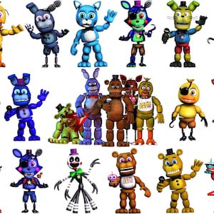 May include: A collection of colorful, cartoonish animatronic characters, each with unique designs and accessories. The characters are anthropomorphic animals, including bears, bunnies, and foxes, in various poses. Some hold microphones or instruments.