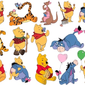May include: A collection of cartoon illustrations featuring Winnie the Pooh and friends. The characters include Winnie the Pooh, Tigger, Eeyore, Piglet, Kanga, and Roo. The illustrations are in bright colors and depict the characters in various poses.