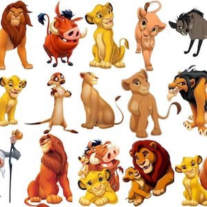 Op de afbeelding: Een verzameling cartoon illustraties met personages uit The Lion King. De afbeelding bevat verschillende leeuwen, een wrattenzwijn, een stokstaartje en een hyena, allemaal in levendige kleuren en verschillende poses.